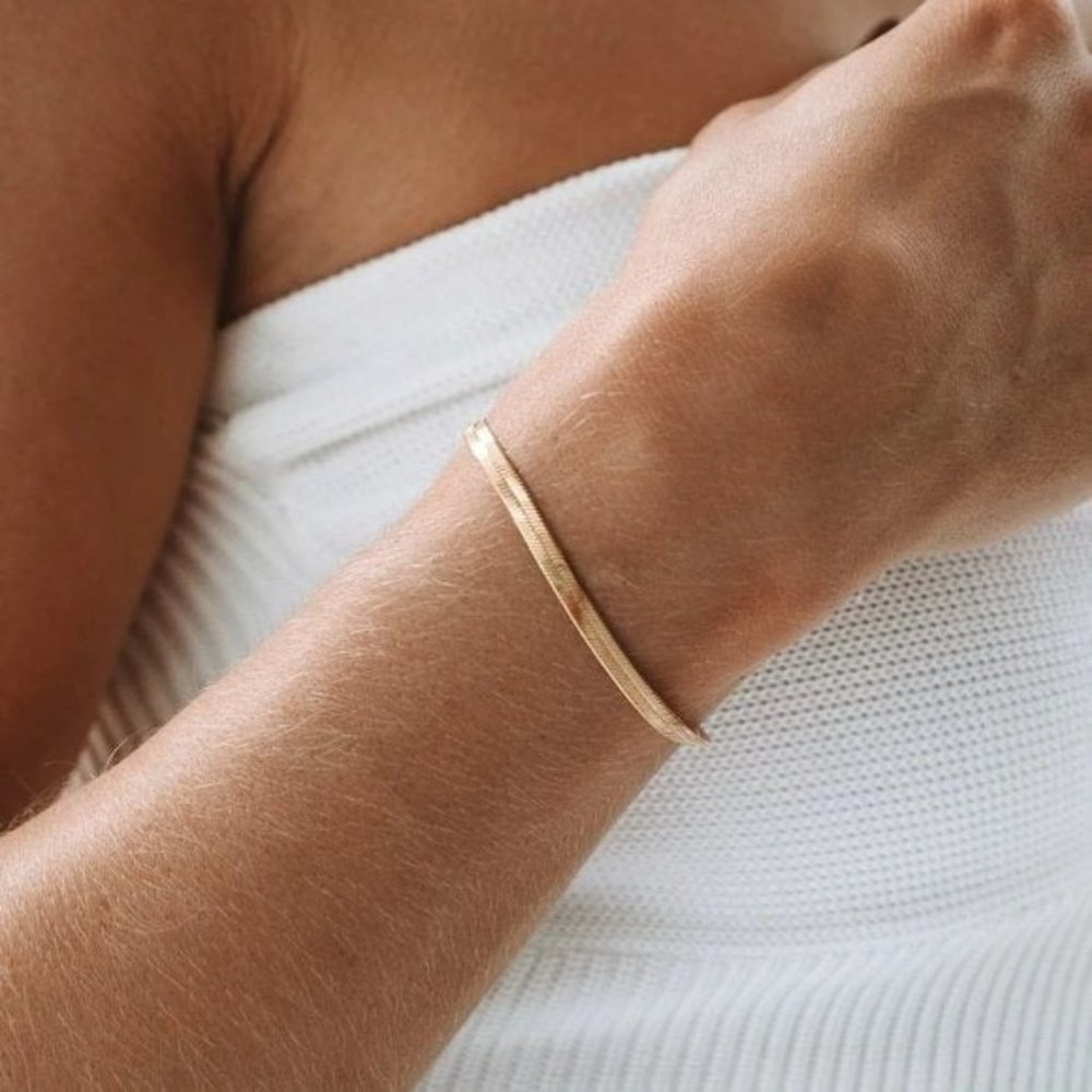 WATERPROOF Gold Herringbone Bracelet classic style everyday gold bracelet stack